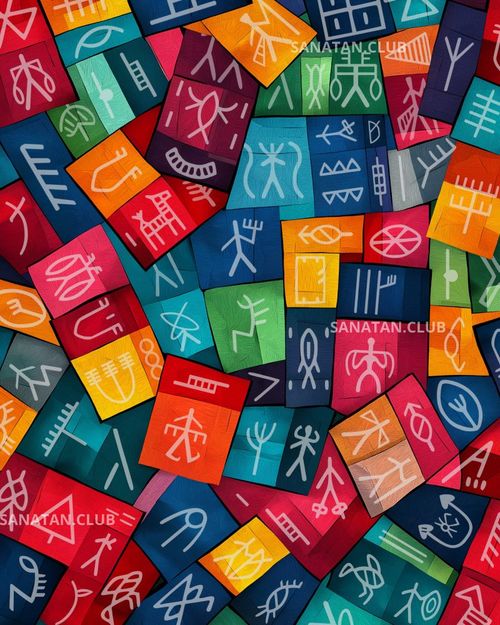 An abstract, colorful, pattern like paiting, modern art, wall poster, wall decor, of Indus Valley Cicilization Script, Harappan & Mahenjadaro Script. An abstract, colorful, pattern like paiting, modern art, wall poster, wall decor, of Indus Valley Cicilization Script, Harappan & Mahenjadaro Script.