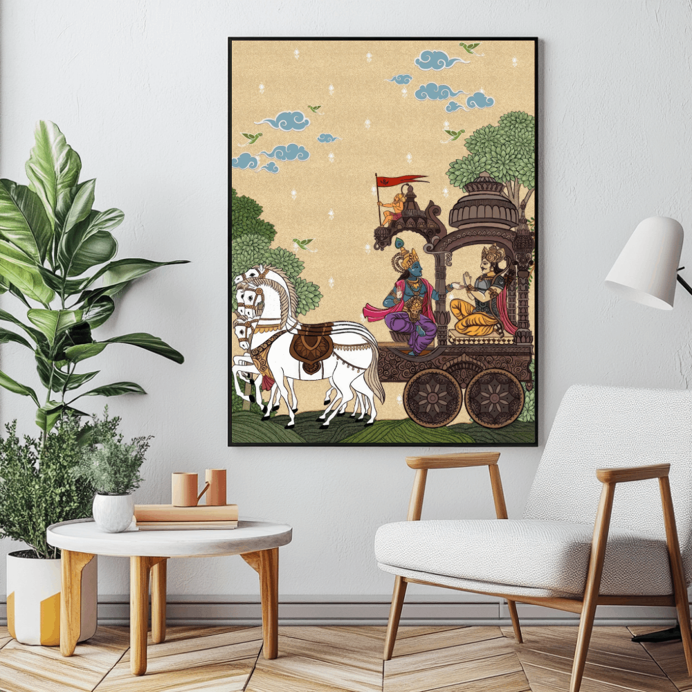 his powerful visual captures the timeless essence of duty, courage, and spiritual awakening as Krishna delivers divine guidance to a conflicted Arjuna before the great war begins. Abstract Artwork of the Dialogue Between Krishna and Arjuna – The Bhagavad Gita