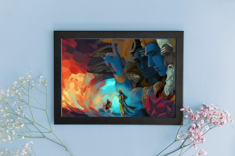 Vibrant Digital Wallpaper of Krishna Revealing His Virat Roopa to Arjuna