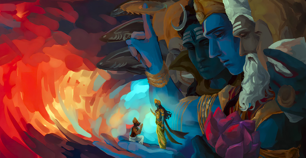 Vibrant Digital Wallpaper of Krishna Revealing His Virat Roopa to Arjuna