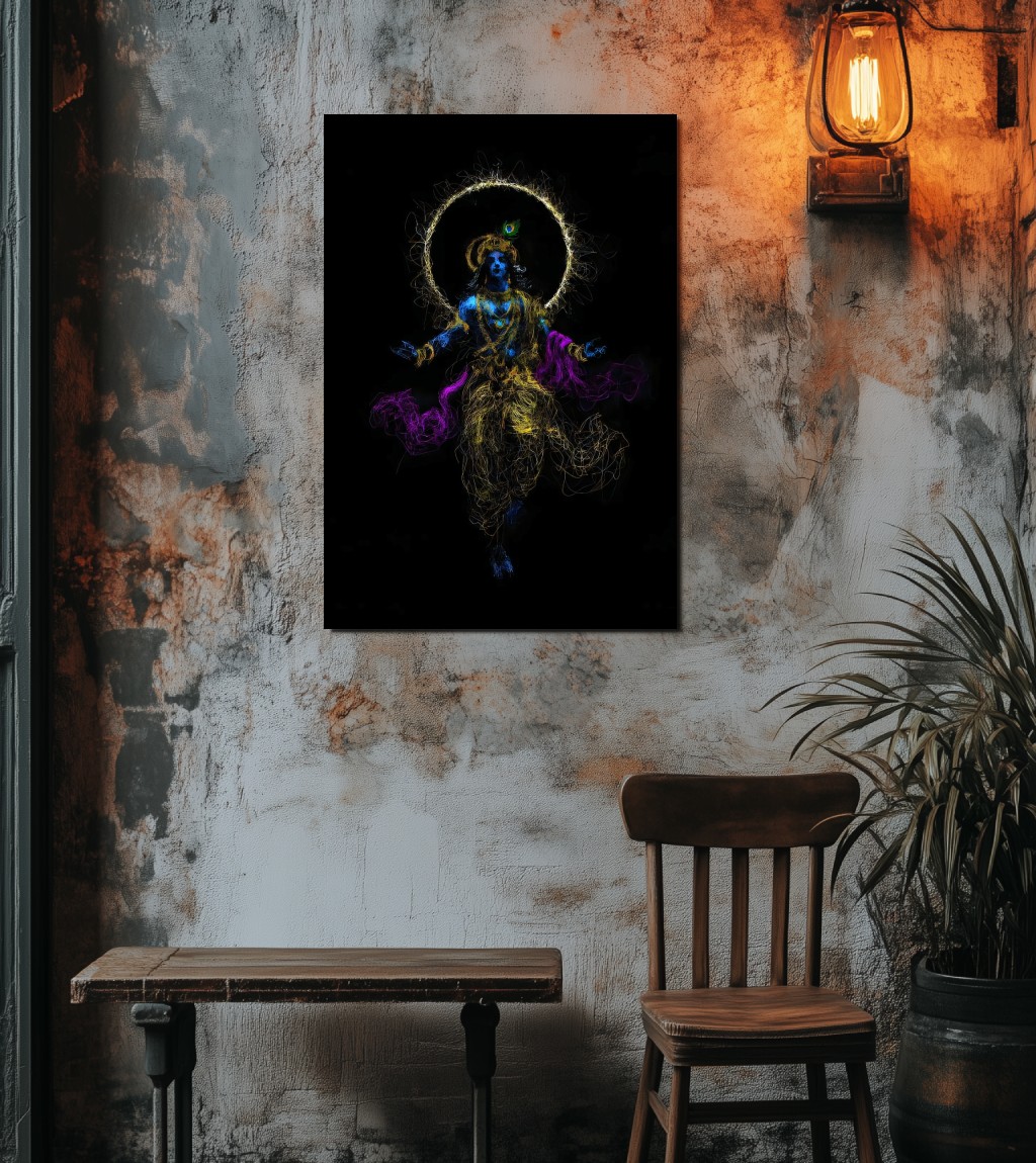Enter a realm of infinite calm and cosmic awareness with this minimal digital artwork of Lord Krishna meditating in the cosmos. Krishna Meditating in the Cosmos
