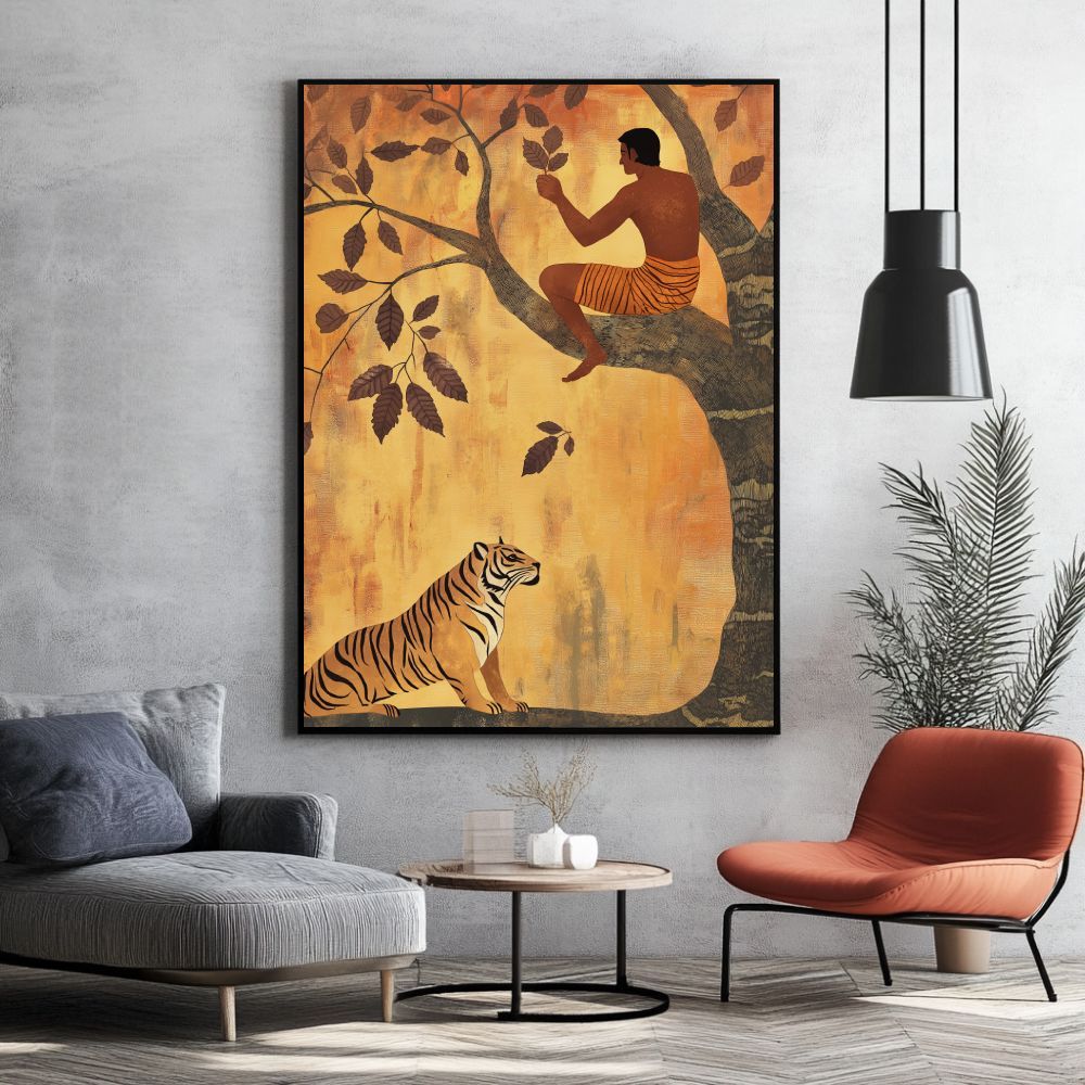 This is a re-occuring story in the Harappan seals. It is believed to be Lubdhaka's story where he tries to save himself from the tiger by climbing a tree & plucks the leaves one by one without knowing that it is a Bilva tree and there was a Shiv Ling below the tree. Man and a Tiger